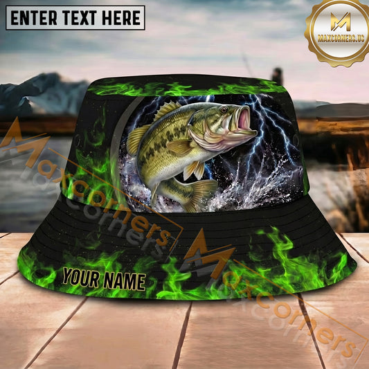 Maxcorners Fishing Green Lightning Flame Storm Personalized Name 3D Bucket Hat (12 Fish Species)