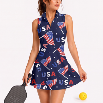 Maxcorners Pickleball Sleeveless Zipper Sports Dress Set USA Flag Patriotic Pattern