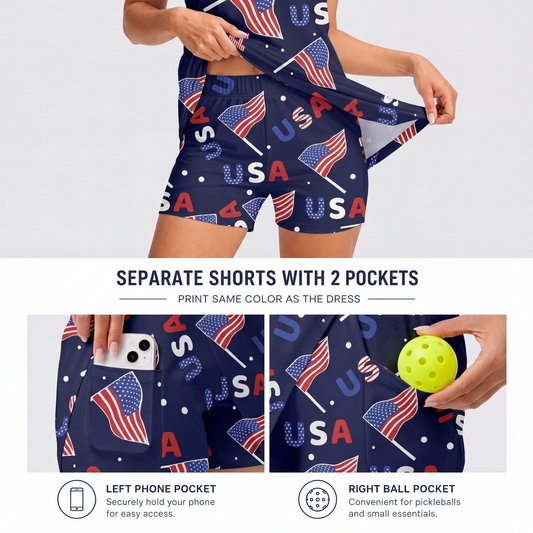 Maxcorners Pickleball Sleeveless Zipper Sports Dress Set USA Flag Patriotic Pattern