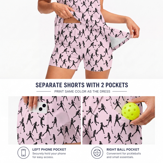 Maxcorners Pickleball Sleeveless Zipper Sports Dress Set Player Silhouette Pattern