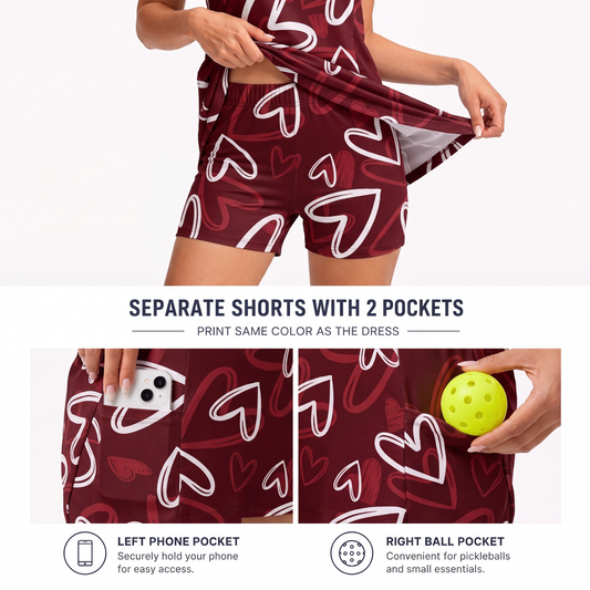 Maxcorners Pickleball Sleeveless Zipper Sports Dress Set Valentine Heart Doodle Pattern