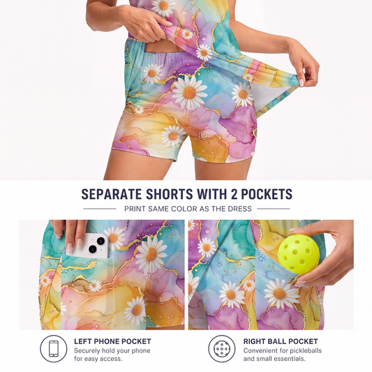 Maxcorners Pickleball Sleeveless Zipper Sports Dress Set Watercolor Daisy Floral Print
