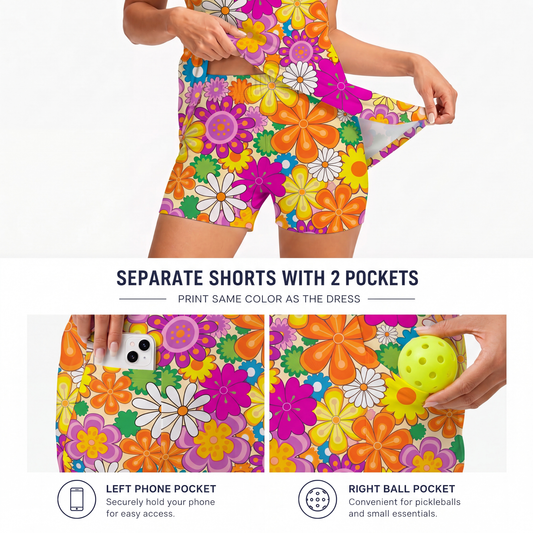 Maxcorners Pickleball Sleeveless Zipper Sports Dress Set Retro Colorful Flower Garden