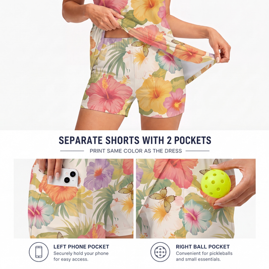 Maxcorners Pickleball Sleeveless Zipper Sports Dress Set Tropical Hibiscus Floral