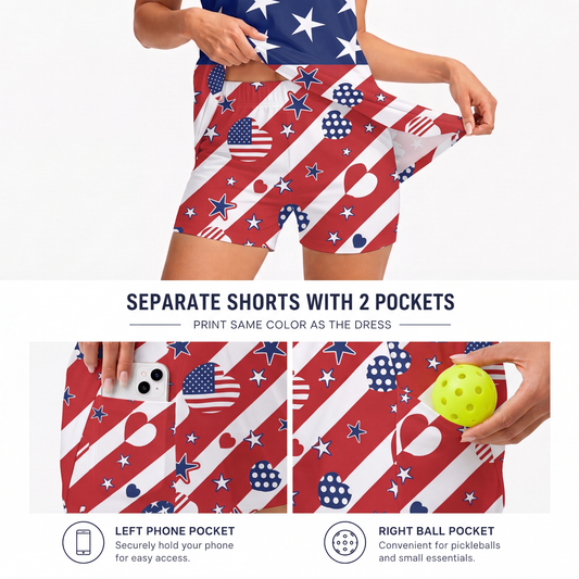 Maxcorners Pickleball Sleeveless Zipper Sports Dress Set American Flag Stars & Stripes Pattern