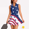 Maxcorners Pickleball Sleeveless Zipper Sports Dress Set Patriotic Star Wave Pattern