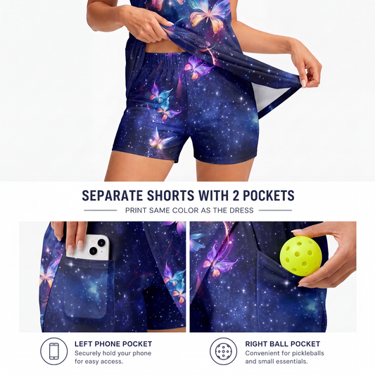 Maxcorners Pickleball Sleeveless Zipper Sports Dress Set Galaxy Butterfly Pattern