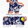 Maxcorners Pickleball Sleeveless Zipper Sports Dress Set Navy Blue White Hibiscus Tropical Print