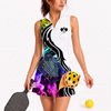 Maxcorners Pickleball Sleeveless Zipper Sports Dress Set Neon Fireball Paddle Pattern