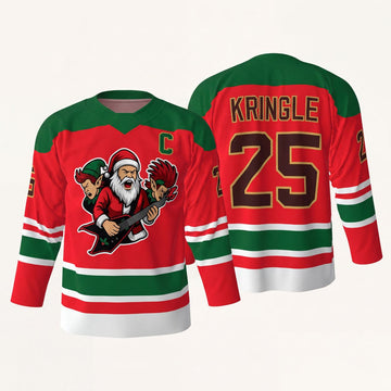 Maxcorners Christmas Santa Hockey Holiday Stripes Personalized Name 3D Printed Round Neck Hockey Jersey
