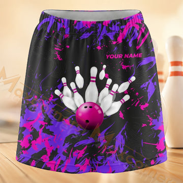 Maxcorners Bowling Purple Pink Paint Splash Personalized 3D Skort, Skirts With Shorts