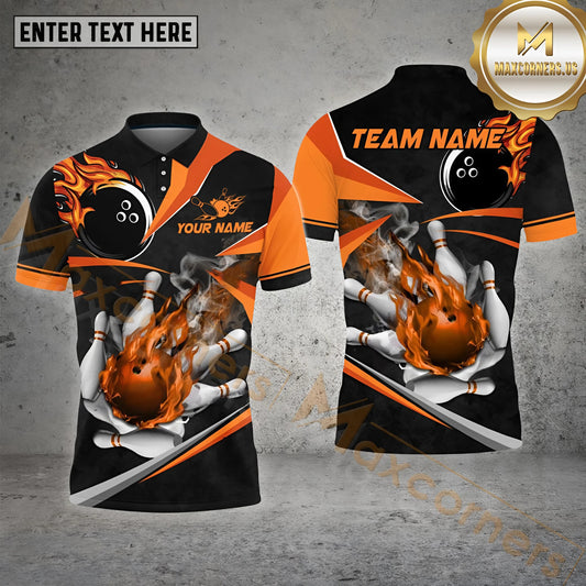 Maxcorners Bowling Ball & Pins Flame Multicolor Option Customized Name 3D Shirt (4 Colors)