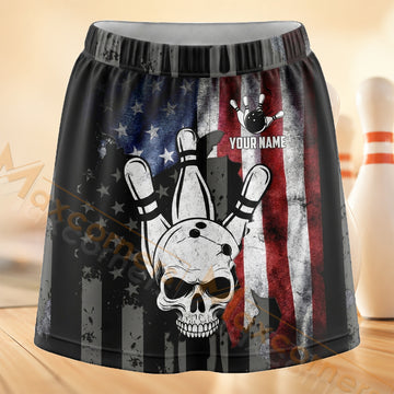 Maxcorners Bowling Skull And Pins Personalized 3D Skort, Skirts With Shorts