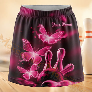 Maxcorners Bowling Pink Butterfly Pins Personalized 3D Skort, Skirts With Shorts