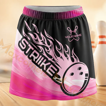Maxcorners Bowling Pink Flame Strike Personalized 3D Skort, Skirts With Shorts