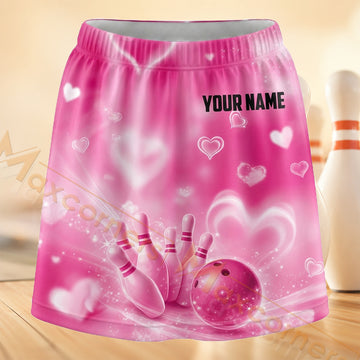 Maxcorners Bowling Pink Heart Strike Personalized 3D Skort, Skirts With Shorts