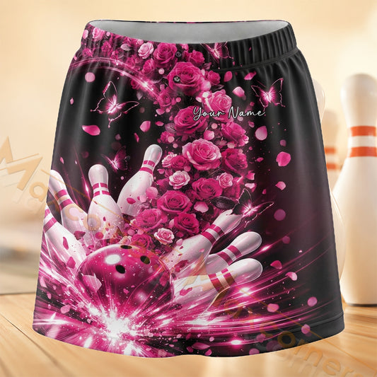 Maxcorners Bowling Pink Rose Splash Personalized 3D Skort, Skirts With Shorts