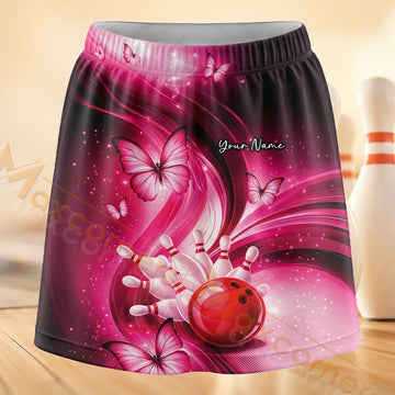 Maxcorners Bowling Magenta Swirl Strike Personalized 3D Skort, Skirts With Shorts