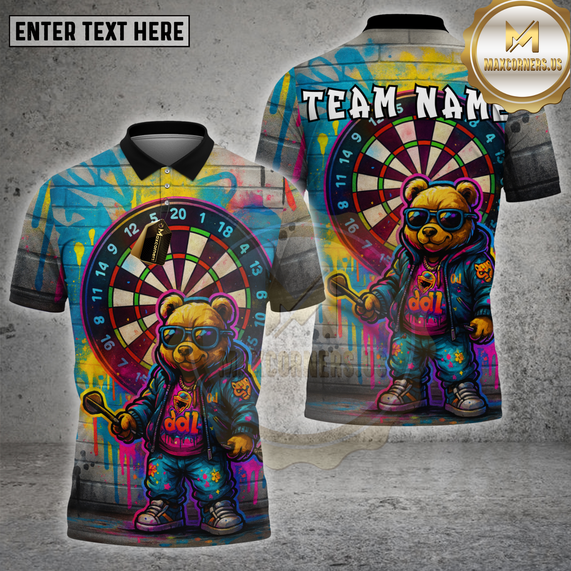 Maxcorners darts shirt with graffiti bear character wearing sunglasses, colorful neon dartboard background, personalized team name and custom text unisex 3D polo shirt