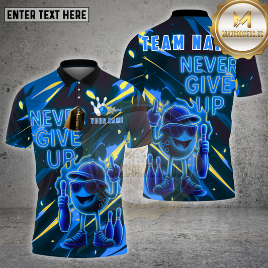 Maxcorners Bowling Shirt Neon Cartoon Ball Never Give Up Multicolor Options Personalized Name, Team Name Unisex 3D Shirt (4 Colors)