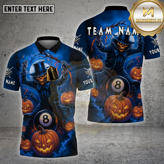 Maxcorners Billiards Shirt Halloween Pumpkin Scarecrow 8 Ball Multicolor Options Personalized Name, Team Name Unisex 3D Shirt (4 Colors