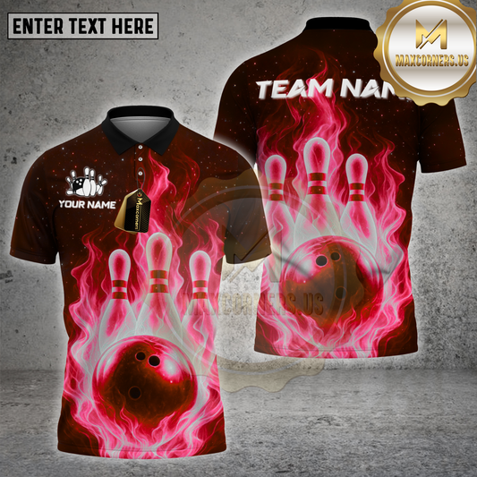 Maxcorners Bowling Shirt Fire Pins & Ball Multicolor Options Personalized Name, Team Name 3D Shirt (4 Colors)