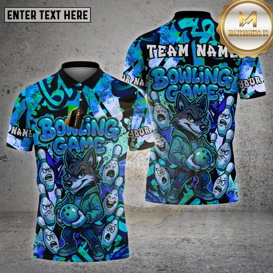 Maxcorners Bowling Shirt Cartoon Wolf vs Angry Pins Multioptions Personalized Name, Team Name Unisex 3D Shirt (4 Colors)