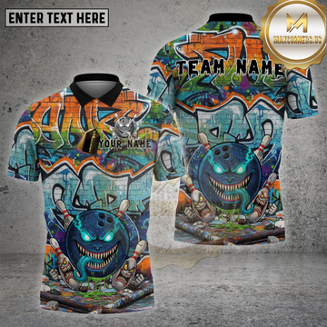 Maxcorners Bowling Shirt Blue Monster Ball Brick Wall Multioptions Personalized Name, Team Name Unisex 3D Shirt (4 Colors)