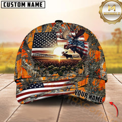 Maxcorners Hunting American Flag Moose Sunrise Farm Scene Camo Custom Name 3D Cap  (6 Colors)