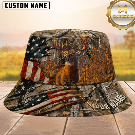 Maxcorners Deer Hunting American Flag Camouflage Rustic Woodland Personalized Name 3D Bucket Hat