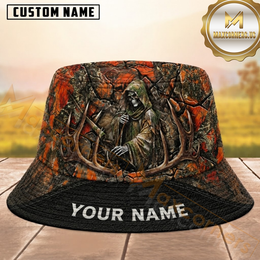 Maxcorners Deer Hunting Grim Reaper Orange Camouflage Antler Personalized Name 3D Bucket Hat