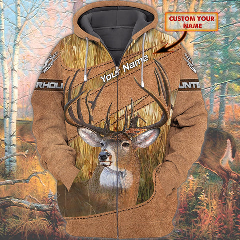 Maxcorners Custom Name Hunting Deer Leather Pattern Style Shirt 3D All Over Printed Clothes