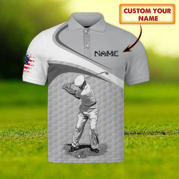 Maxcorners Golf Gray American Flag Customized Name 3D Shirt