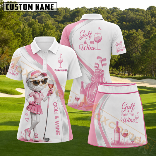 Maxcorners Pink Golf and Wine Lady Golfer Personalized Name 3D Golf Shirt and Skirt
