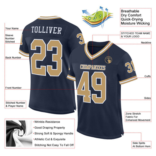 Maxcorners Custom Navy Old Gold-White Mesh Authentic Throwback Football Jersey LM2605