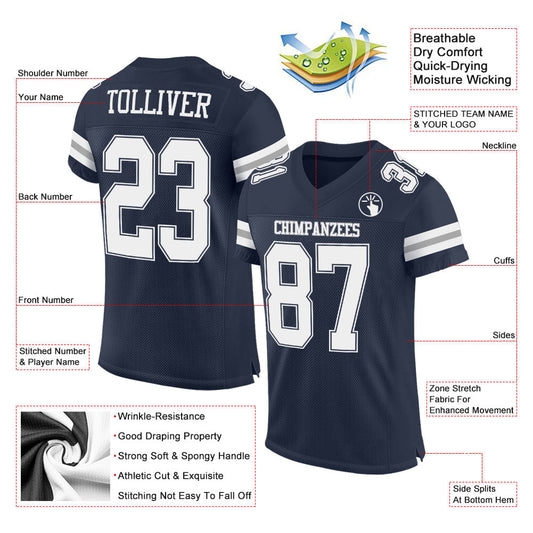 Maxcorners Custom Navy White-Gray Mesh Authentic Football Jersey LM2605