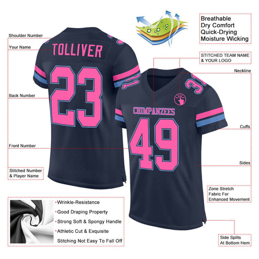 Maxcorners Custom Navy Pink-Light Blue Mesh Authentic Football Jersey LM2605