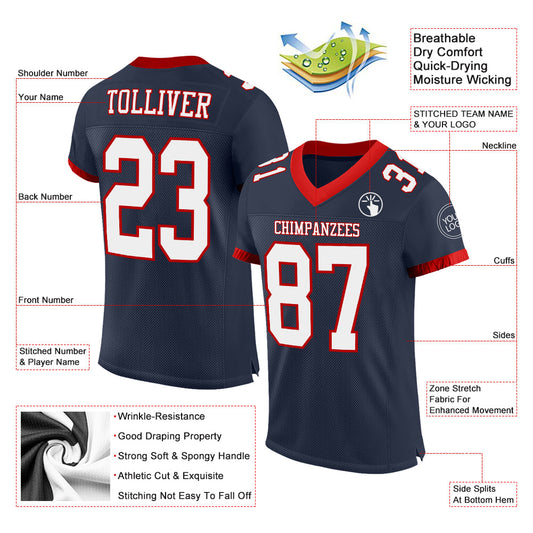 Maxcorners Custom Navy White-Red Mesh Authentic Classic Football Jersey LM2605