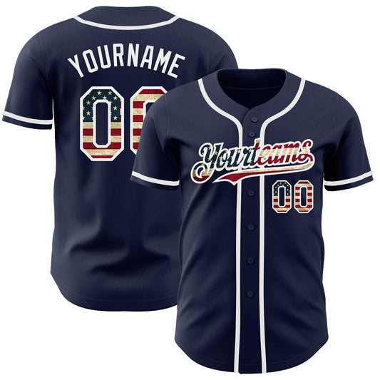 Maxcorners Custom Navy Vintage USA Flag-White Authentic Baseball Jersey LM2605