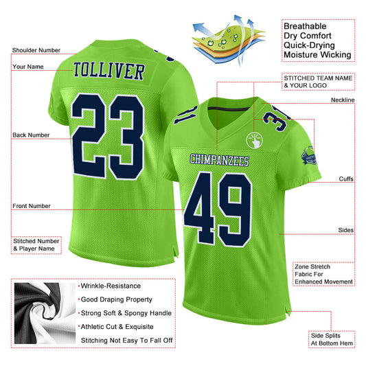 Maxcorners Custom Neon Green Navy-White Mesh Authentic Football Jersey LM2605