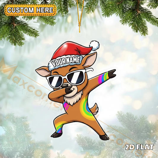 Maxcorners Funny Deer Christmas Personalized Name Reindeer Dab Sun Glass Pose Ornament And Keychain Custom Gift For Hunters 2D Flat