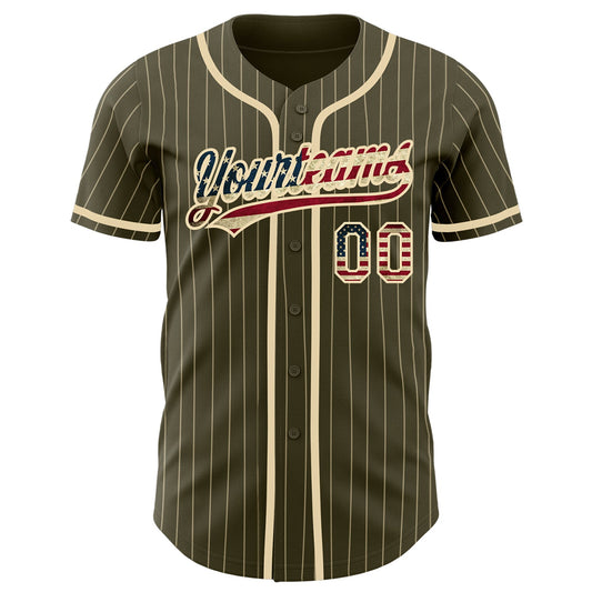 Maxcorners Custom Olive City Cream Pinstripe Vintage USA Flag Authentic Salute To Service Baseball Jersey LM2605