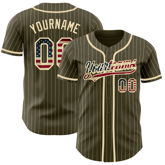 Maxcorners Custom Olive City Cream Pinstripe Vintage USA Flag Authentic Salute To Service Baseball Jersey LM2605