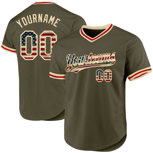 Maxcorners Custom Olive Vintage USA Flag Cream-Black Premium Throwback Salute To Service Baseball Jersey6 LM0210