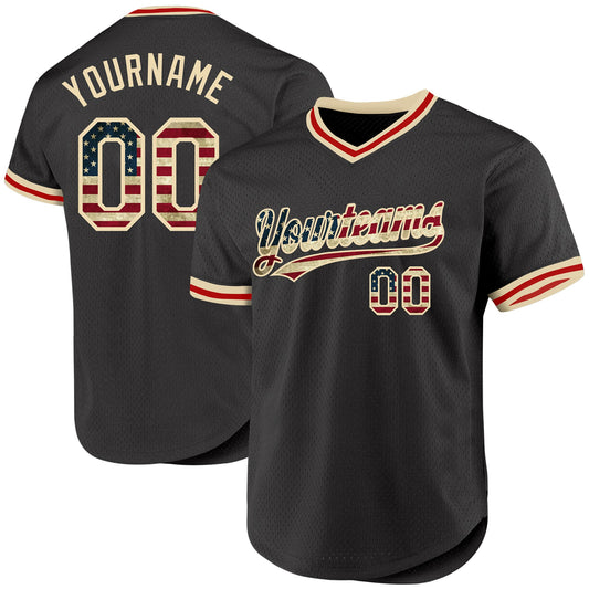 Maxcorners Custom Navy Vintage USA Flag Cream-Red Premium Throwback Baseball Jersey LM0210