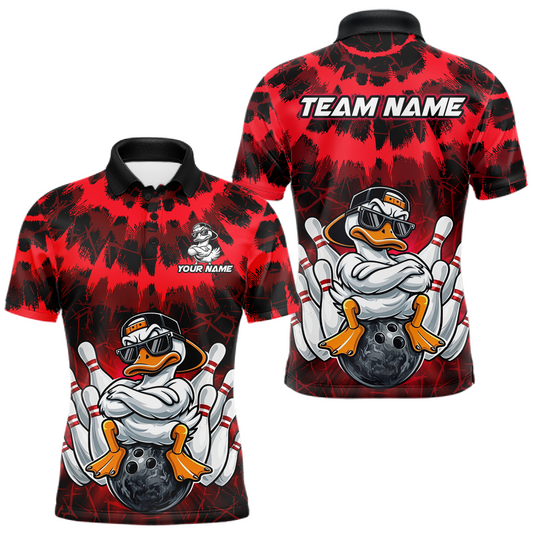 Custom Red Funny Duck Bowling Jersey for Men Bowling Uniform Polo & 1/4 Zip Bowling Team Shirts LM1203