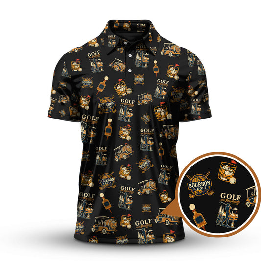 Maxcorners Funny Bourbon Pattern Polos, Golf and Bourbon Shirt for Men, Gift For Golfers