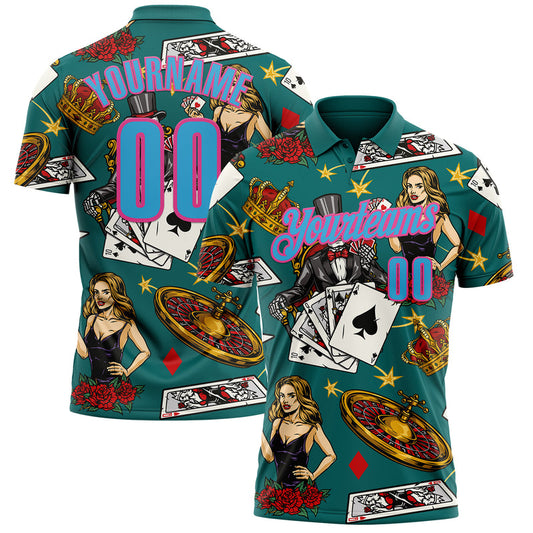 Maxcorners Custom Teal Sky Blue-Pink 3D Gambling Poker Performance Polo Shirt LM1009