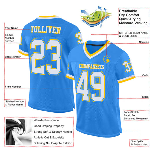 Maxcorners Custom Powder Blue White-Gold Mesh Authentic Throwback Football Jersey LM2605
