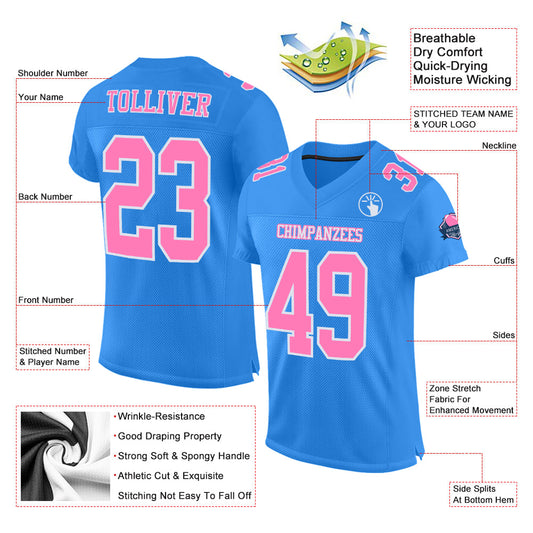 Maxcorners Custom Powder Blue Pink-White Mesh Authentic Football Jersey LM2605